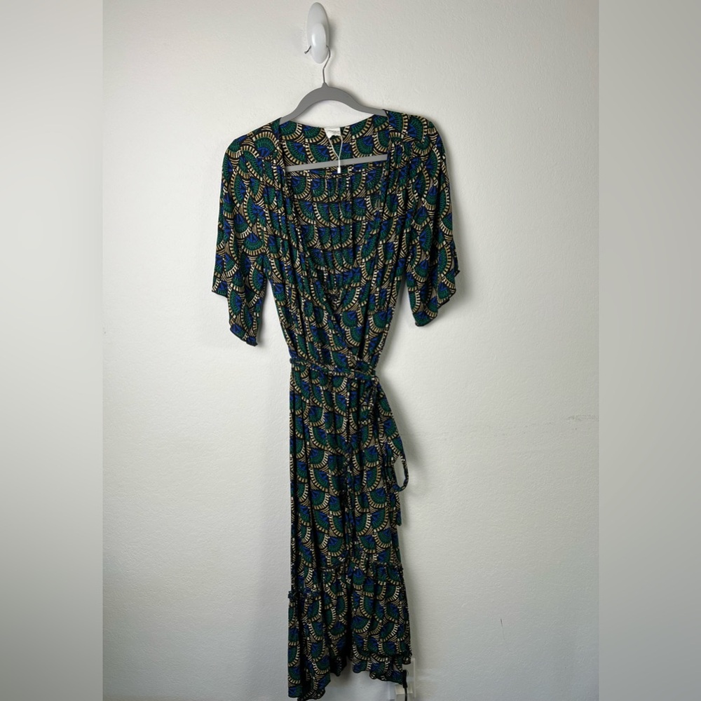 Silk & Salt Journey Peacock Blue Green Black Tan Wrap Dress